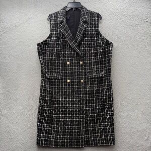 Talbots Double Breasted Tweed Mini Dress Sleeveless Black White Metallic Size 16